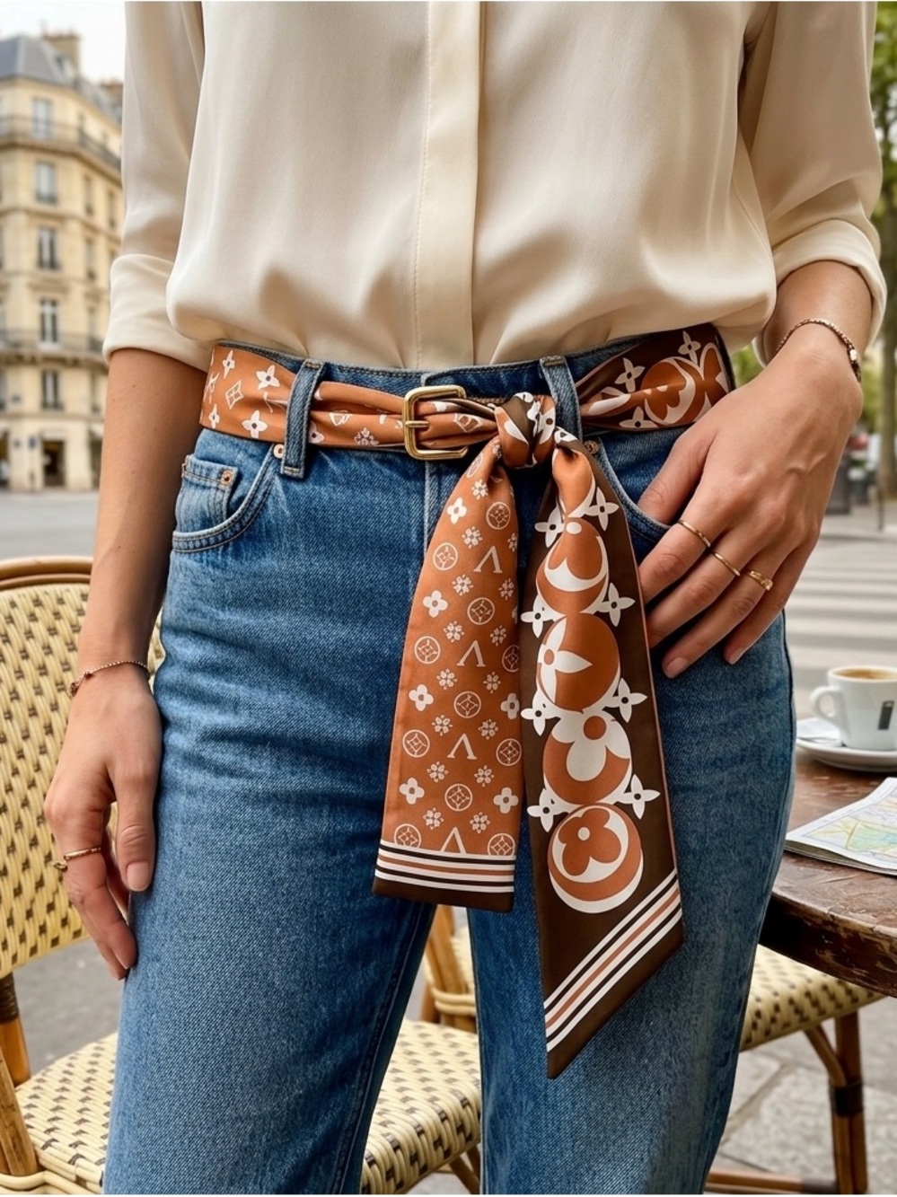 Big Twilly: Luxe Silk Twilly Scarf - Brown & Cream Monogram Print